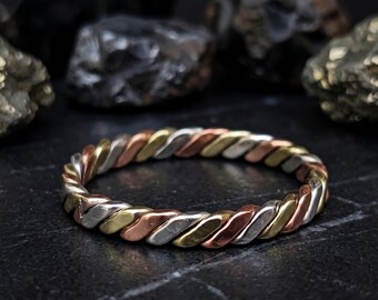 925 Sterling Silver Ring for Women, Handmade 3 Metal Mixed Band Ring, Meditation Yoga Jewelry, Brass Copper Spinner Twist Ring, Gift for Her