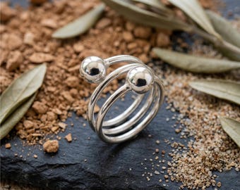 Anillo ajustable de plata de ley con bola / Anillo moderno de plata con bola, delicado anillo apilable / Anillo de plata de ley con espiral