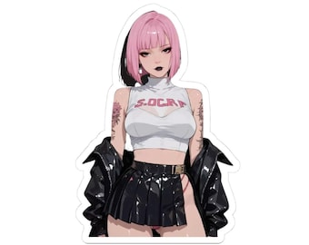 Pink Hair Anime Girl Kiss-Cut Stickers | Vinyl Laptop Decal