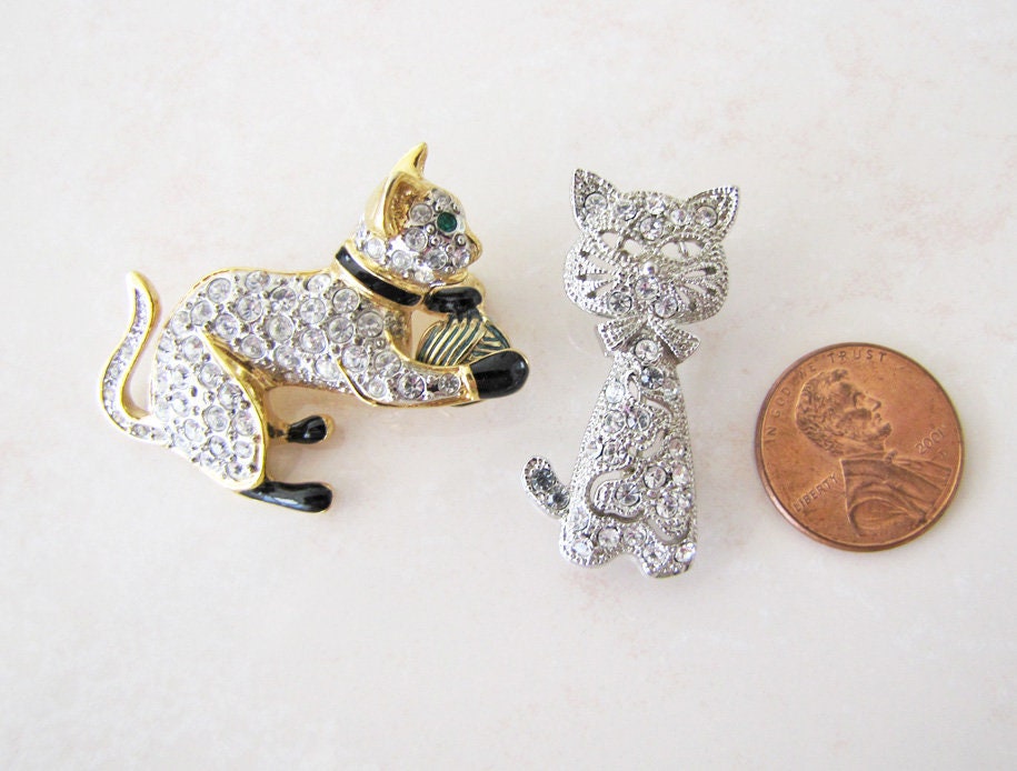 Two Rhinestone Cat brooches for Cat lovers Etsy