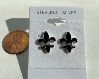 Sterling Silver Fleur De Lis black enamel earrings