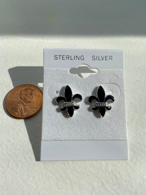 Sterling Silver Fleur De Lis black enamel earrings