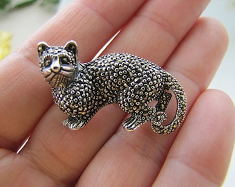 Sterling Silver Marcasite Cat Brooch Pin, 925 Kitten Jewelry