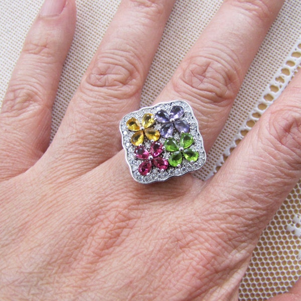 Amethyst Citrine Peridot Ruby cz cocktail sterling silver ring, size 7