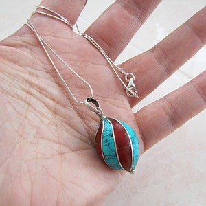 Inlaid turquoise coral Sterling silver Necklace, 20 inches Italian Sterling snake chain