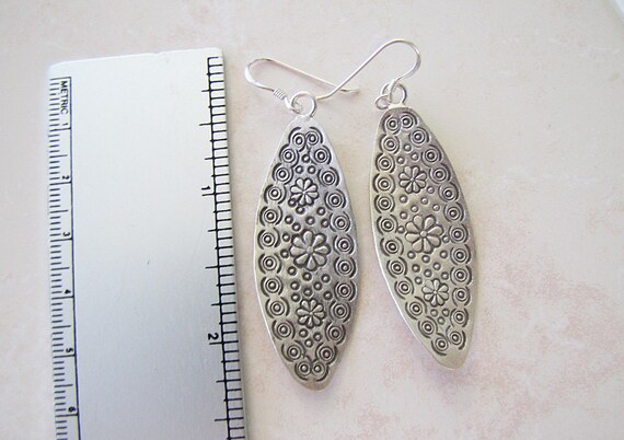Sterling Silver Hand Etched Earrings, Tribal etch… - image 2