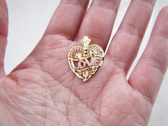 Solid 14K Gold Love Filigree Heart Pendant, Black… - image 1