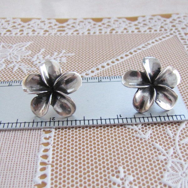 3D Flower Sterling Silver Earrings, five petals silver studs, Plumeria