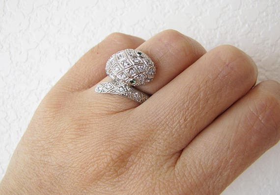 Snakes Sterling Silver Ring, Size 6, paved CZ, green eyes View 2