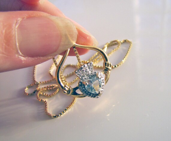 Blue Topaz Diamond Claddagh Gold Vermeil Necklace… - image 9