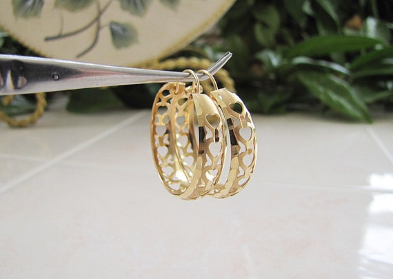 Solid 14K Gold Heart Pattern Cut Hoop Earrings, S… - image 2