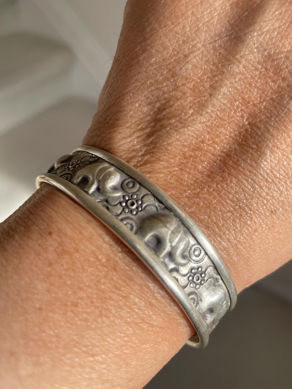 Elephant Sterling Silver Repousse Cuff Bangle Bra… - image 1