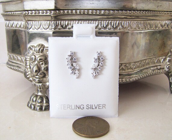 CZ Leaf Sterling Silver Stud Earrings, ear climber