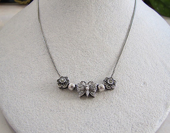 Sterling Silver marcasite butterfly and flower ne… - image 6