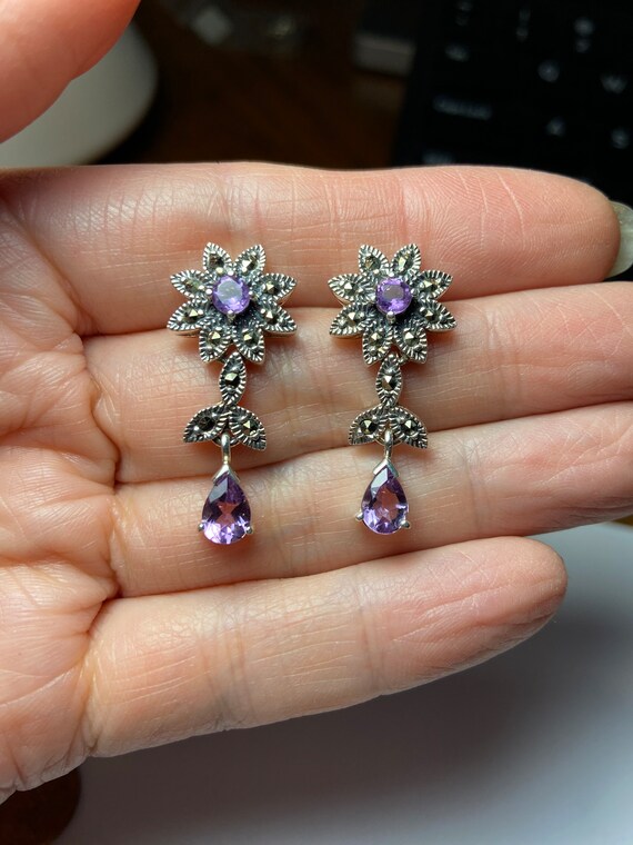 Sterling Silver Amethyst Marcasite Star Flower Ear