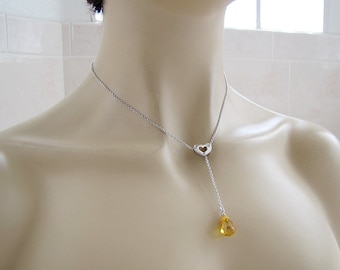 Heart Sterling Silver Y Necklace with drop crystal jewels, Lariat sterling silver necklace