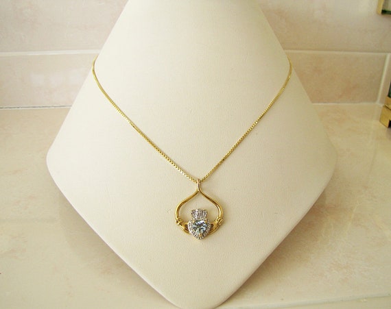 Blue Topaz Diamond Claddagh Gold Vermeil Necklace… - image 2