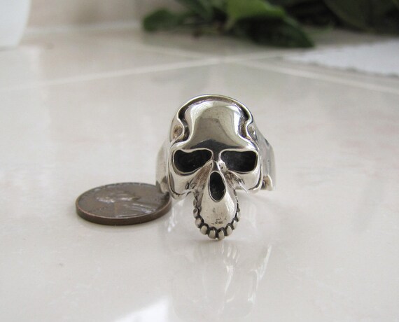 Sterling Silver Skull Ring, Biker Style, Size 10.5 - image 2
