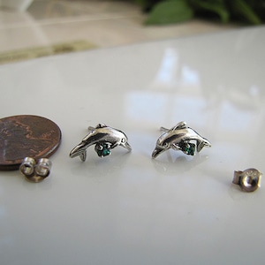 Small Dolphin Sterling Silver earrings with CZ Emerald