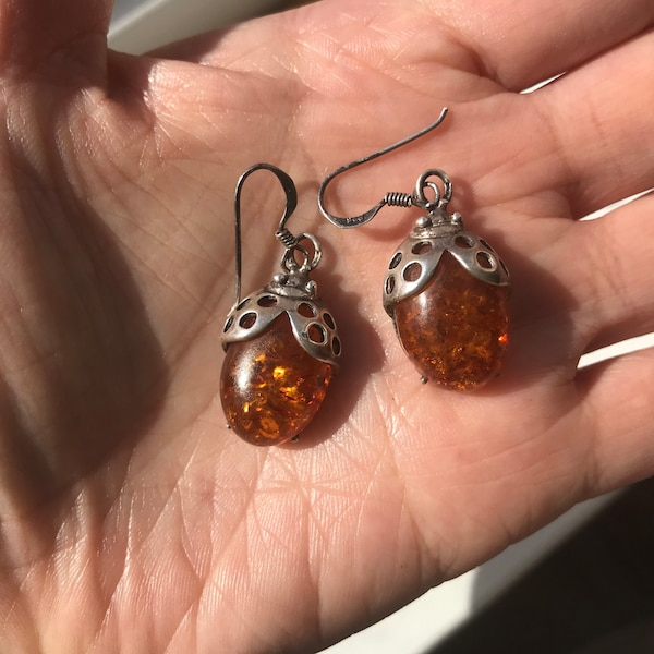 Amber Ladybug sterling silver earrings, Intriguing Organic Gem