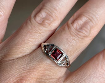 Square Cut Garnet Sterling Silver Ring, size 9, January Birthstone
