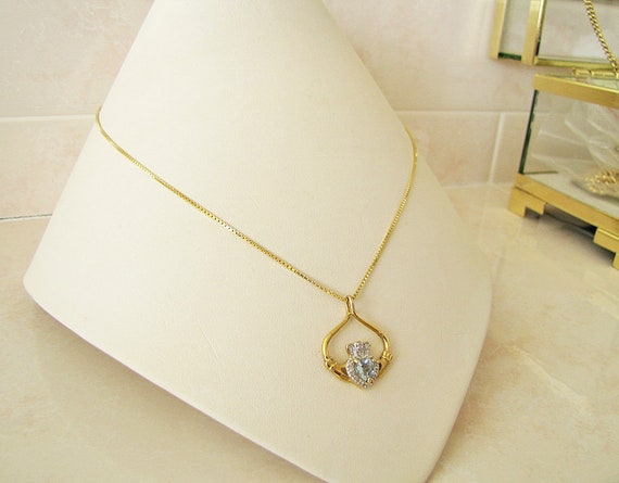 Blue Topaz Diamond Claddagh Gold Vermeil Necklace… - image 3