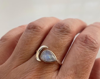 Rainbow Moonstone Sterling Silver Crescent moon ring, size 8.5 , Teardrop shape, Adjustable