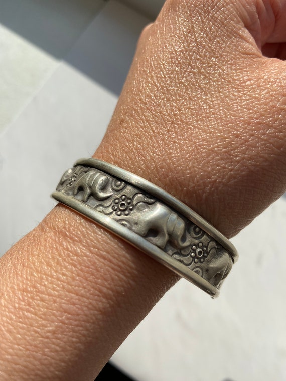 Elephant Sterling Silver Repousse Cuff Bangle Bra… - image 4