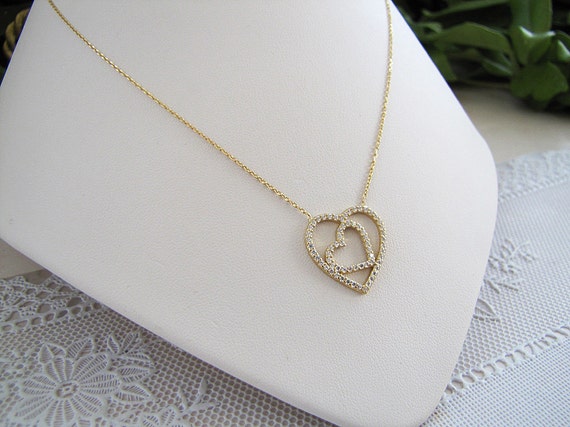 Double heart Sterling Silver Necklace, CZ gold ve… - image 3