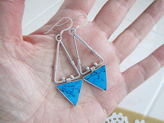 Abstract Turquoise Triangle Sterling Silver Earrings,