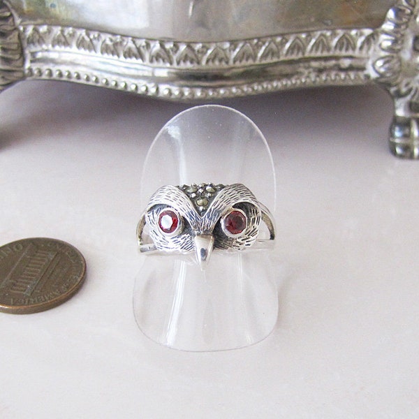 Owl Garnet Marcasite Sterling Silver Ring, Size 9.5