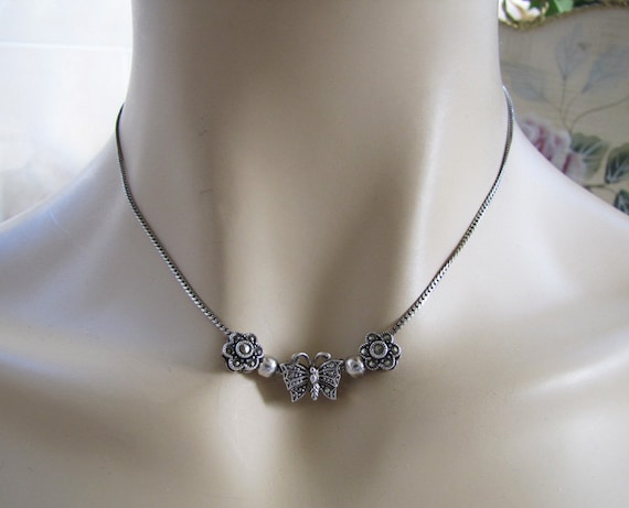 Sterling Silver marcasite butterfly and flower ne… - image 1
