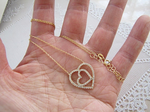 Double heart Sterling Silver Necklace, CZ gold ve… - image 1