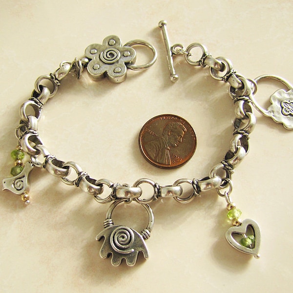 Vintage Megido Israel sterling silver charm toggle bracelet, bird flower heart charms