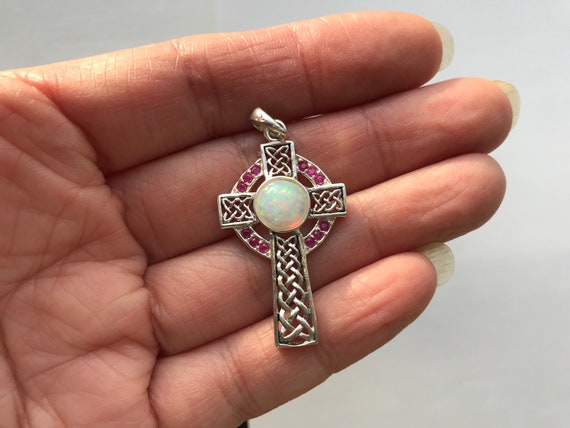 Ruby Opal Celtic Cross sterling silver Pendant, S… - image 7