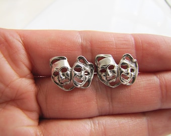 Detail Theater Mask Face Sterling Silver Stud Earrings, Happy and Sad Face