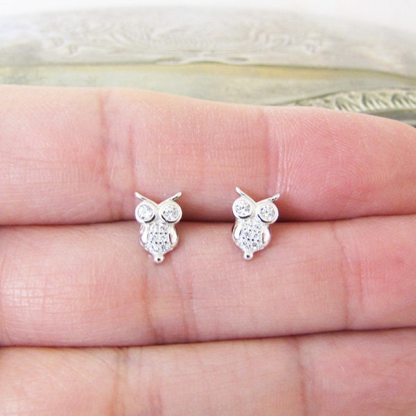 Little CZ Owl Sterling Silver Stud Earrings, Minimalist studs