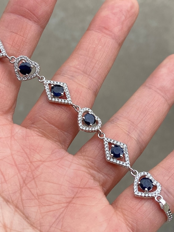 Genuine Sapphire and clear cz sterling silver bracelet, September Birthday, Minimalist