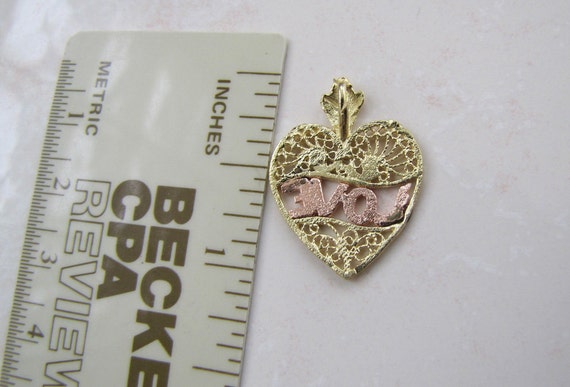 Solid 14K Gold Love Filigree Heart Pendant, Black… - image 4