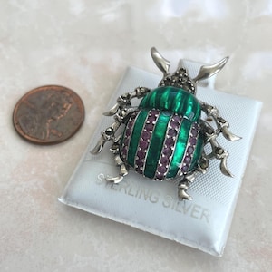 Sterling Silver Enamel Beetle Bug Marcasite Pendant Brooch Pin with Genuine Ruby stones