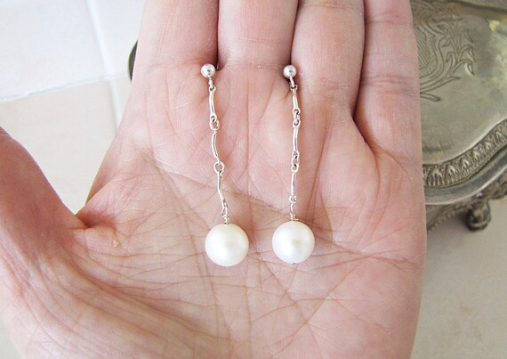 sterling silver dangle pearl drop earrings, Pearl… - image 4