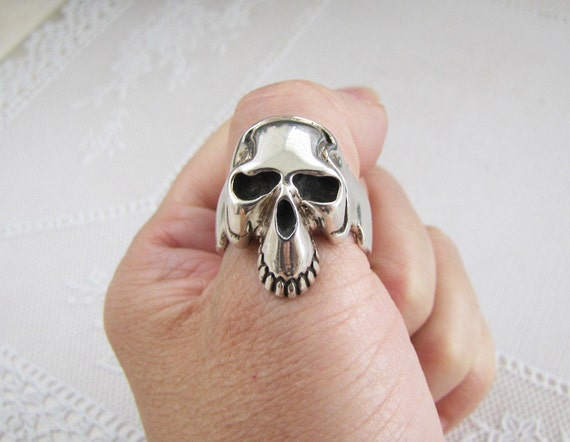 Sterling Silver Skull Ring, Biker Style, Size 10.5 - image 1
