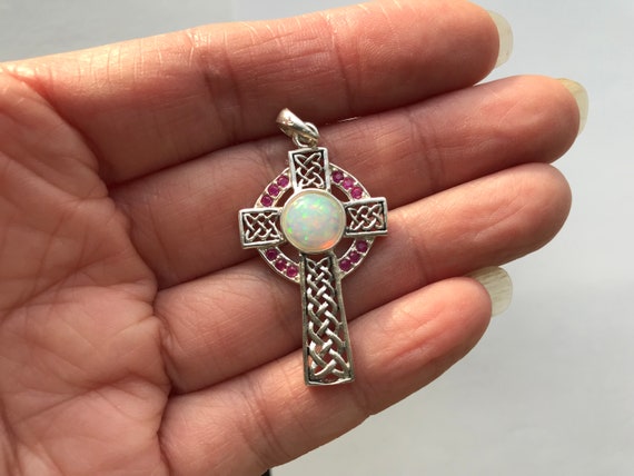 Ruby Opal Celtic Cross sterling silver Pendant, S… - image 1