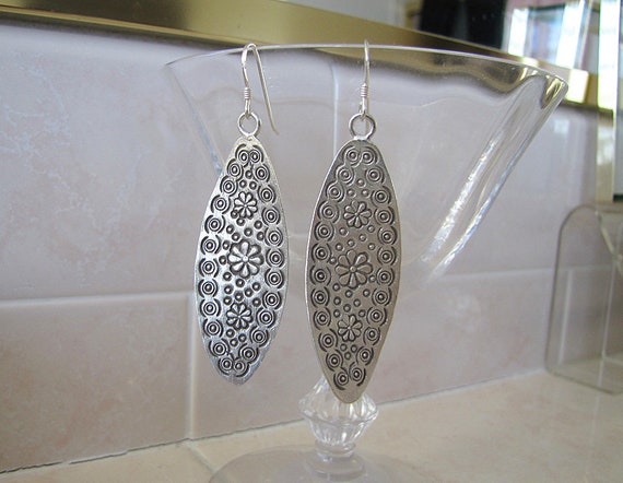 Sterling Silver Hand Etched Earrings, Tribal etch… - image 5