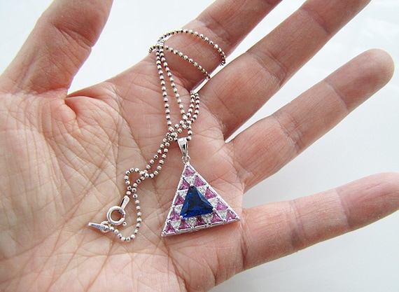 Blue and Pink Sapphire cz  Triangle sterling silv… - image 2