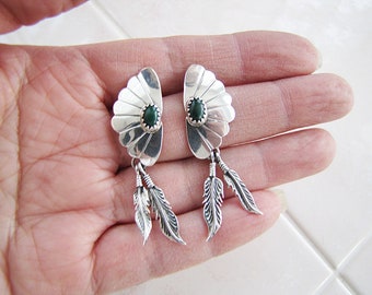 Sterling silver Malachite Fan Shaped Earrings with feather leaf dangles