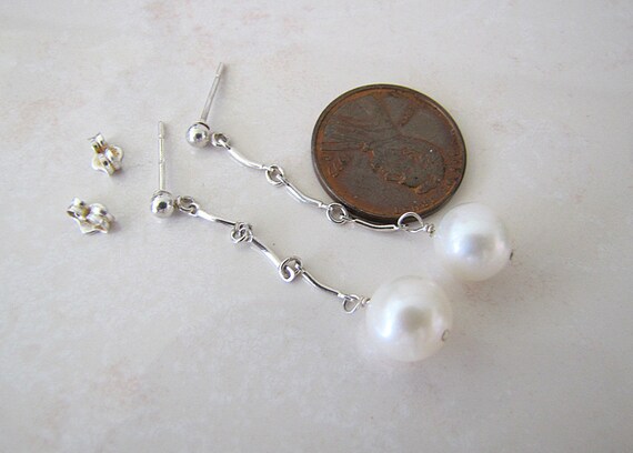 sterling silver dangle pearl drop earrings, Pearl… - image 3