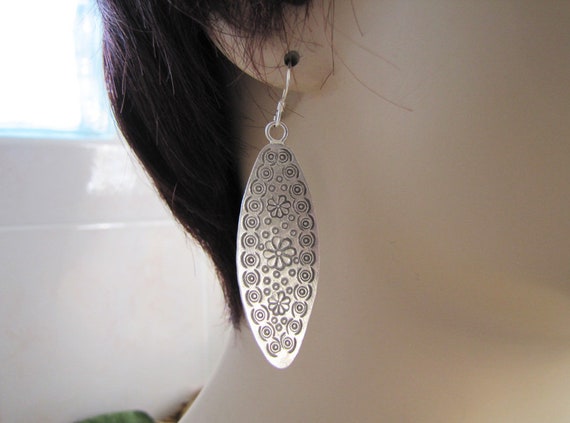 Sterling Silver Hand Etched Earrings, Tribal etch… - image 1