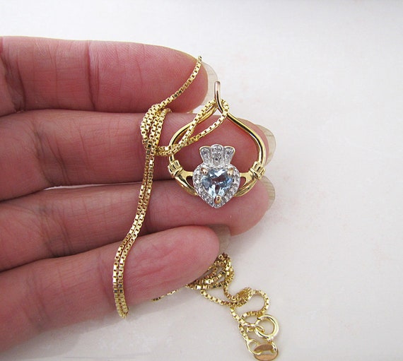 Blue Topaz Diamond Claddagh Gold Vermeil Necklace… - image 10