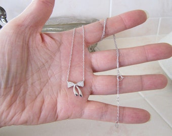 Sterling Silver Bow Ribbon Necklace, CZ bow sterling necklace, Minimalist, adjustable necklace